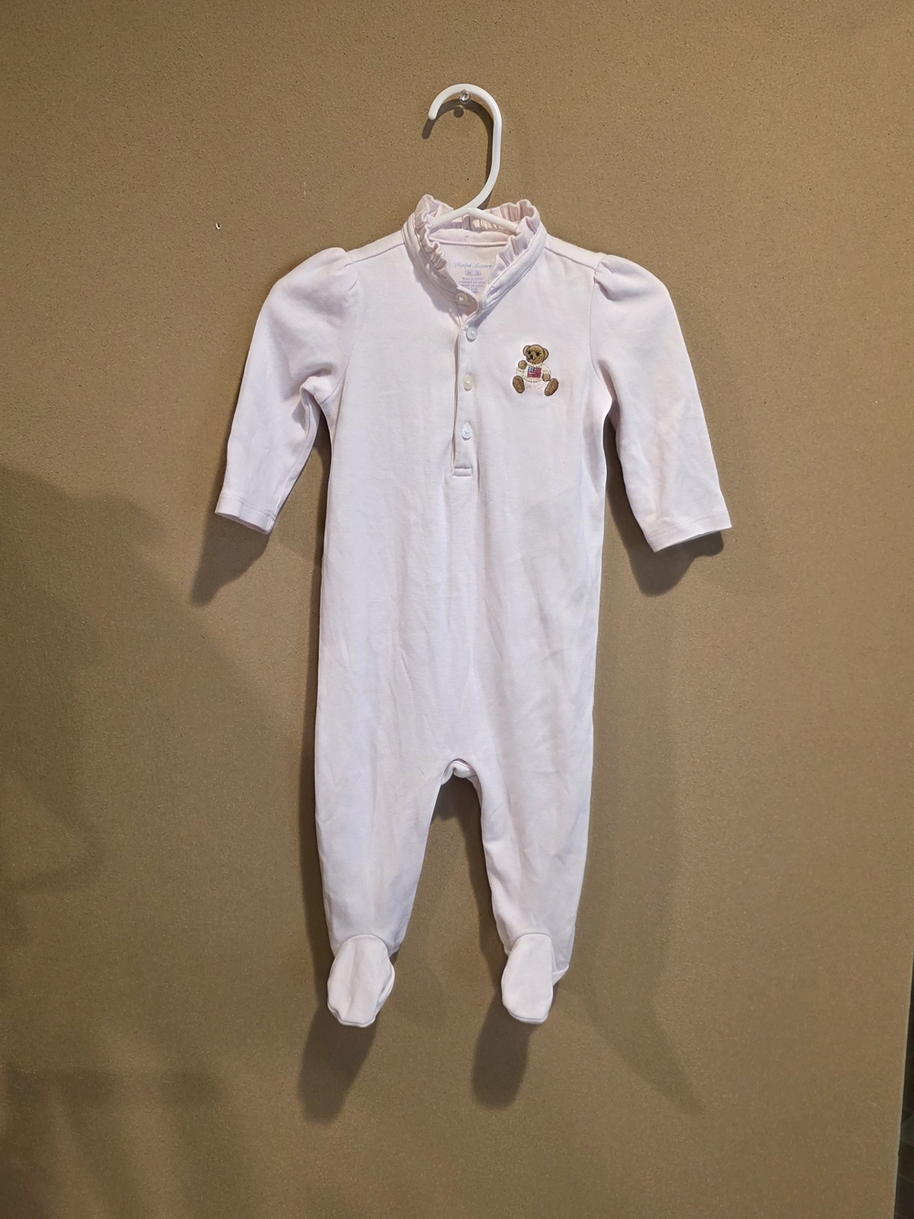 Classic Light Pink Baby One-Piece with Teddy Embroidery